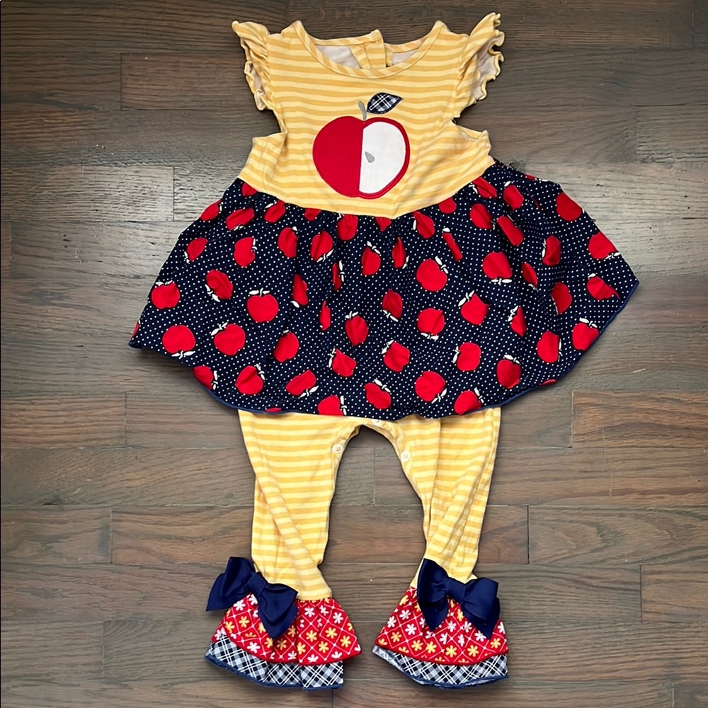 Ricrac & Ruffles Stripped One-piece Apple Print Ruffle Legs Short Sleeve size 24
